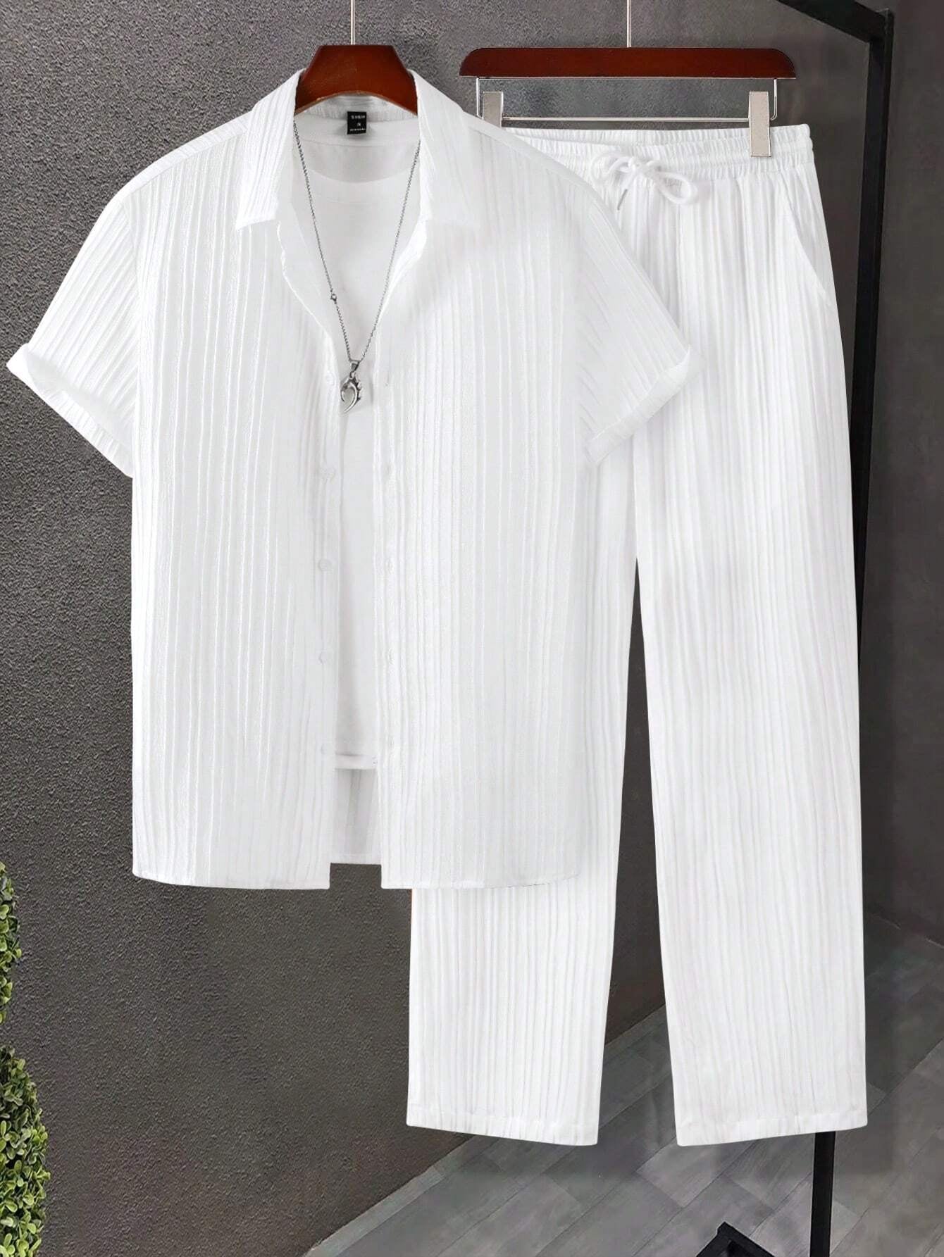 Manfinity Homme Men Solid Button up Shirt & Drawstring Waist Pants without Tee, Cozy Outfits