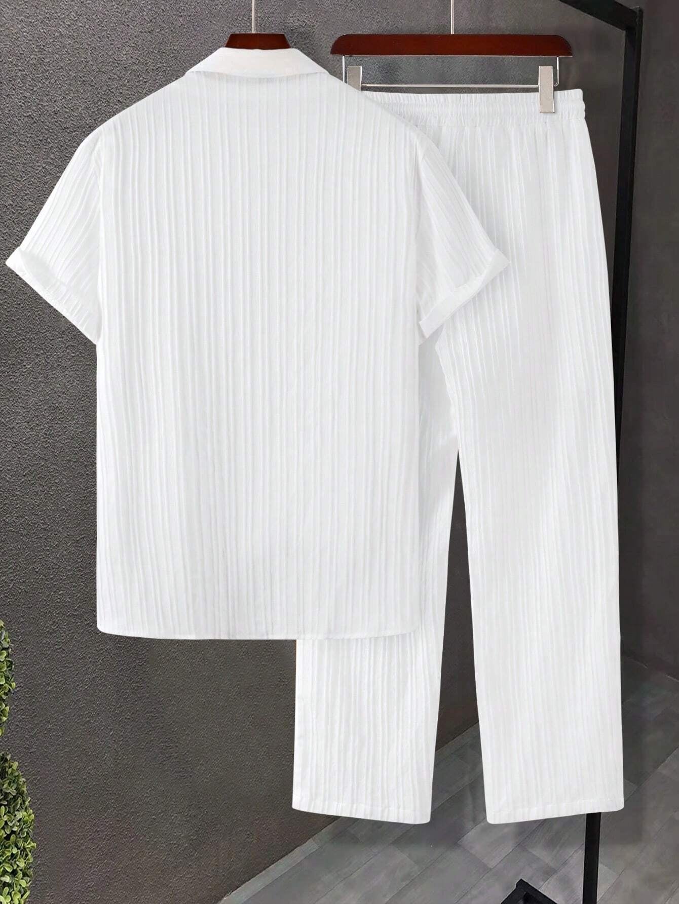 Manfinity Homme Men Solid Button up Shirt & Drawstring Waist Pants without Tee, Cozy Outfits