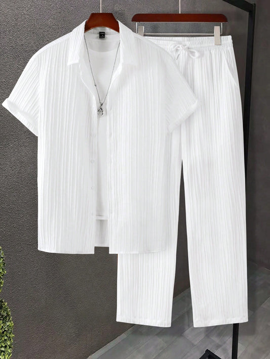 Manfinity Homme Men Solid Button up Shirt & Drawstring Waist Pants without Tee, Cozy Outfits
